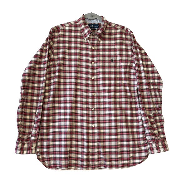VTG Ralph Lauren Mens Button Down Red Black Plaid Custom Fit Shirt Size Large - Picture 2 of 11